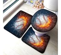 Ensemble de Baseball Summer USA Sport Ball in Burning Fire Flamme et Eau salle3 pièces siège de Toilette Housse de Couvercle Tapis antidérapant Anti