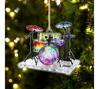 Ensemble de batterie en acrylique avec nom personnalisé - Instrument de percussion plat 2D - Décoration de Noël à suspendre - Cadeau souvenir de musique pour batteurs, amateurs de musique