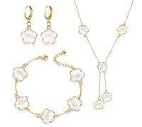 Ensemble de Bijoux Acier Inoxydable Femme, Collier Trefle a 5 Feuille, Bracelet Trefle, Boucles d'Oreilles en Acier Inoxydable 18K Or Rose - Cadeau pour Anniversaire, Saint-Valentin, Fiançailles