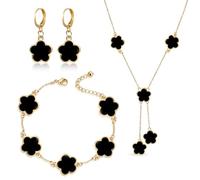 Ensemble de Bijoux Acier Inoxydable Femme, Collier Trefle a 5 Feuille, Bracelet Trefle, Boucles d'Oreilles en Acier Inoxydable 18K Or Rose - Cadeau pour Anniversaire, Saint-Valentin, Fiançailles