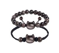 Ensemble de bijoux avec bracelet en obsidienne noire et pendentif lune - Cadeau pour amoureux des chats, attraction, chance, bracelet à perles, collier avec pendentif en obsidienne - Cadeau mignon