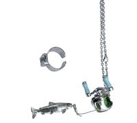 Ensemble de bijoux avec pendentif détaillé sur le thème de la pêche et anneaux symboliques, bobine symbolique, rotation interactive, pêcheurs, collectionneurs, moulinet de pêche, One Size, Comme