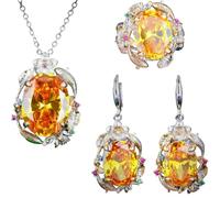 Ensemble de bijoux baroque imitation citrine pour femme avec pendentif en forme de lotus et boucles d'oreilles pendantes - Bague flexible inspirée du patrimoine