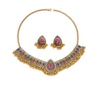 Ensemble De Bijoux De Mariage Indien Traditionnel Bohème Pour Femmes Et Filles Argent Antique Oxydé Collier Boucles d'Oreilles Pompon Bollywood Ras Du Cou Punk Cristal Cadeau Tendance (Coloré)