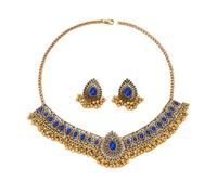 Ensemble De Bijoux De Mariage Indien Traditionnel Bohème Pour Femmes Et Filles Argent Antique Oxydé Collier Boucles d'Oreilles Pompon Bollywood Ras Du Cou Punk Cristal Cadeau Tendance (bleu)