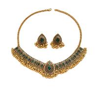 Ensemble De Bijoux De Mariage Indien Traditionnel Bohème Pour Femmes Et Filles Argent Antique Oxydé Collier Boucles d'Oreilles Pompon Bollywood Ras Du Cou Punk Cristal Cadeau Tendance (vert)