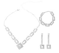 Ensemble de Bijoux de Mariée, Collier Strass Carré, Boucles d'Oreilles et Bracelet, Bijoux de Mariée en Argent et Strass, Accessoires pour Tenue de Soirée, pour Mariée, Demoiselle d'Honneur et Femmes