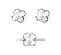 Ensemble de bijoux Ensemble de bijoux de première communion en argent sterling 925, bague et boucles d'oreilles avec une fleur ajourée de 8 mm et une perle de 4 mm.