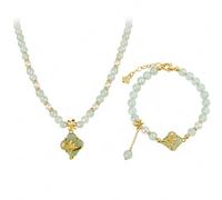 Ensemble De Bijoux Magnolia En Jade, Collier Et Bracelet Perlé | Avec Accents De Perles, Longueur Ajustable
