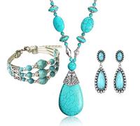 Ensemble de bijoux pour femmes, collier, boucles d'oreilles, bracelet, style bohème, chaîne de pull rétro goutte d'eau turquoise, vêtements quotidiens, ensemble, taille unique, automne et hiver
