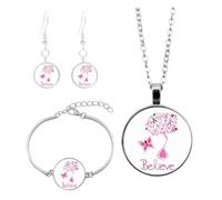 Ensemble de Bijoux Pour Sensibilisation Cancer du Sein,Bijoux de Sensibilisation Cancer du Sein,Octobre Rose Accessoires 2025,Collier,Bracelet et 1 Paires de d'oreilles (A9, 10x10x3cm)