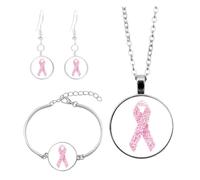 Ensemble de Bijoux Pour Sensibilisation Cancer du Sein,Bijoux de Sensibilisation Cancer du Sein,Octobre Rose Accessoires 2025,Collier,Bracelet et 1 Paires de d'oreilles (A4, 10x10x3cm)