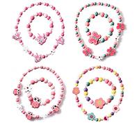 Ensemble De Bijoux Princesse En Bois Pour Enfant - Collier Et Bracelet Avec Fleurs Colorées De Dessin Animé Mignon - 4 Paquets