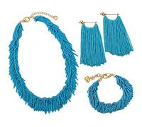 Ensemble De Bijoux Tassel Turquoise - Collier, Bracelet, Boucles D'Oreilles | Longueur Ajustable, Pour Festivals Et Vacances, S'Associe Avec Les Robes Maxi