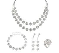 Ensemble De Bijoux Tendance pour Femmes 4 Pièces, Collier De Fleurs en Strass Double Couche, Bracelet Superposé, Ensemble De Bijoux en Strass pour Fêtes, Célébrations Et Mariages