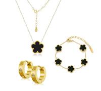 Ensemble de Bijoux Trèfle à Quatre Feuilles pour Femme Fille 18K Plaqué Or Acier Inoxydable Trèfle à Quatre Feuilles Pendentif Collier Boucles d'oreilles Bracelet Set Délicat Parure en émai (Noir)