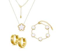 Ensemble de Bijoux Trèfle à Quatre Feuilles pour Femme Fille 18K Plaqué Or Acier Inoxydable Trèfle à Quatre Feuilles Pendentif Collier Boucles d'oreilles Bracelet Set Délicat Parure en émai (Blanc)