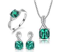 Ensemble de bijoux trois pièces pour femme en argent sterling 925 avec pendentif, boucles d'oreilles et bague en émeraude
