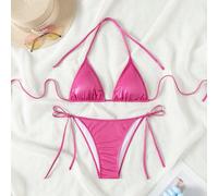 Ensemble de bikini 2 pièces à bretelles spaghetti, col ras-du-cou métallique, liens sur les côtés, coupe haute, tanga sexy. Maillot de bain pour femmes pour une fête sur un yacht, ensemble de bikini b