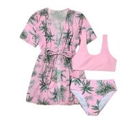 Ensemble de Bikini 3 Pieces Maillot De Bain Ado Fille Debardeur Haut Corset + Tanga + Paréo Manche Courte Adolescente Fille 5-14 Ans Confortable Plage Natation Piscine Vacances (Rose-C, 9-11 Ans)