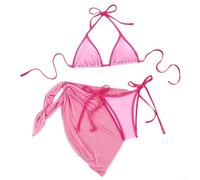 Ensemble de bikini 3 pièces pour femme avec jupe, haut dos nu, bas de bikini triangle sexy, maillot de bain de plage, pour l'été, la piscine, les vacances, rose clair (M rose clair et foncé)