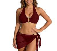 Ensemble de bikini 3 pièces pour femme - Dos nu - Avec motifs floraux - Haut de bikini + bas de bikini triangle, lacets latéraux et jupe de natation, rouge brique, XL