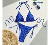 Ensemble de bikini à bretelles ras-du-cou à imprimé floral pour femme, imprimé au hasard, adapté pour les vacances d'été à la plage L,M,S,XL,XSTout ImpriméÉtoffe