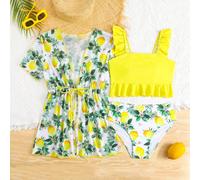 Ensemble de bikini à imprimé citron avec kimono pour préadolescente, tenue de plage en 3 pièces jaune pour fille avec design volupté, mignonne et douce, convient pour les vacances d'été 8Y,9Y,10Y,11Y,
