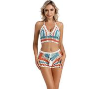 Ensemble De Bikini Au Crochet De Plage pour Femmes, Haut De Bikini Au Crochet À La Mode Coloré Suspendu Au Cou, Haut De Bikini Au Crochet Dos Nu, Pantalon À Angle Plat Taille Basse Sexy Creux, Ba