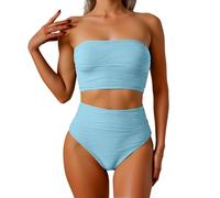 Ensemble de Bikini Bandeau Taille Haute pour Femmes, Maillots de Bain Deux pièces sans Bretelles, côtelés, Longs, Couverture complète, Maillots de Bain Maillot De Bain Une Pièce (Z-4-Light Blue, S)