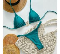 Ensemble de bikini deux pièces pour femmes avec décorations métalliques, couleur unie, avec une culotte string et des bretelles spaghetti, pour la plage et les vacances L,M,S,XSUnicoloreÉtoffe