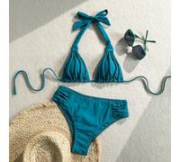 Ensemble de bikini élégant et décontracté pour femmes, bikini sexy à col licou, maillot de bain avec corde tressée faite main pour vacances, île et fête à la piscine L,M,S,XLUnicoloreÉtoffe