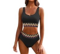 Ensemble de Bikini Haute Femme - Deux Pièces Sportif Coupe Élevée avec Design Blocs Colorés (Black, M)