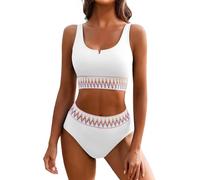 Ensemble de Bikini Haute Femme - Deux Pièces Sportif Coupe Élevée avec Design Blocs Colorés (White, M)