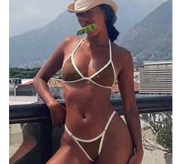 Ensemble de bikini marron chocolat pour femmes, ensemble de maillot de bain avec couleur contrastante, lien autour du cou et string, pour l'été, la plage, les vacances, les festivals, les tenues de fê