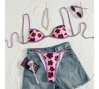 Ensemble de bikini sexy pour vacances avec Top à fleurs imprimées sur grille métallique, dos magnifique et string. Idéal pour les festivals de musique de plage au printemps/été L,M,S,XLAnimalÉtoffe