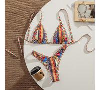Ensemble de bikini triangle ras-du-cou en satin brillant à imprimé floral rétro bohème élégant pour femmes, 2026 Paillettes scintillantes à découpe haute et taille culotte sexy en deux pièces avec san