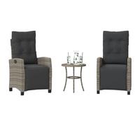 Ensemble de Bistro 3 Pièces Gris, Résine Tressée Durable, Fauteuils Inclinables avec Coussins, Table Ronde, Mobilier d'Extérieur pour Patio, Jardin, Balcon