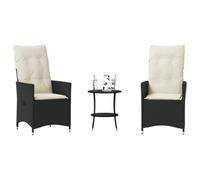Ensemble de Bistro 3 Pièces Noir, Résine Tressée Durable, Chaises Inclinables avec Coussins Crème, Table Ronde, Meubles de Jardin Extérieur pour Balcon