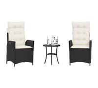 Ensemble de Bistro 3 Pièces Noir, Résine Tressée Durable, Coussins Crème, Chaises Inclinables, Table Ronde, Mobilier Extérieur Jardin Balcon