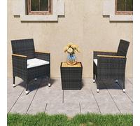 Ensemble de bistro 3 pièces pour balcon, en polyrotin noir, table en bois d'acacia, meubles de jardin avec coussins confortables blanc crème, résistant aux intempéries, idéal pour terrasse, véranda