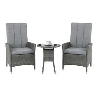 Ensemble de bistrot Outsunny 3 pièces en rotin, comprenant des chaises de jardin inclinables et une table de bistrot à plateau en verre avec coussins, ensemble de salon de jardin en osier PE pour