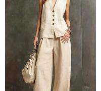 Ensemble de blazer élégant pour femme, sans manches, ample, confortable, décontracté, modeste et élégant, beige, pour le bureau et le thé de l'après-midi, été L,M,S,XLUnicoloreTissu tissé