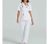 Ensemble de blouse de travail à col en V, manches courtes, nœud dans le dos, blanc, pour infirmière, dentaire, hôpital vétérinaire, avec poches (Top et pantalon), printemps automne L,M,S,XL,XSPolyeste