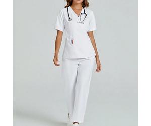 Ensemble de blouse de travail à col en V, manches courtes, nœud dans le dos, blanc, pour infirmière, dentaire, hôpital vétérinaire, avec poches (Top et pantalon), printemps automne L,M,S,XL,XSPolyeste