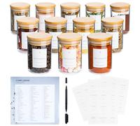 Ensemble de bocaux de conservation en verre hermétiques avec couvercles en bambou - Pots pour farine, muesli, spaghettis et épices, avec étiquettes allemandes (ensemble de 12 pièces - 230 ml)