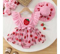 Ensemble de body à bretelles et chapeau à volants sans manches avec imprimé fraise, décoration nœud et double couche de tulle pour bébé fille 6-9M,9-12M,12-18M,1-3M,3-6MGéométrique,Fruits & légumesPol