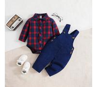 Ensemble de body et combi-short à carreaux pour bébés garçons pour l'automne/l'hiver, pour Noël 6-9M,9-12M,12-18M,18-24M,2-3YCarreauTissu tissé