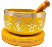 Ensemble de bol chantant tibétain, jaune, avec maillet et coussin, bol chantant fait à la main, pour la méditation, la thérapie sonore, les pratiques spirituelles, le yoga, boîte cadeau en papier