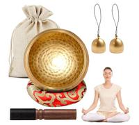 Ensemble de bols chantants tibétains, en laiton, 8,6 cm de diamètre, avec base en bois, 2 cloches en laiton et un sac de rangement, pour yoga, méditation